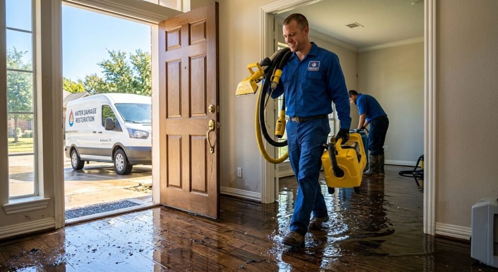 Water damage restoration technicians arriving at a flooded Roanoke home with extraction equipment.