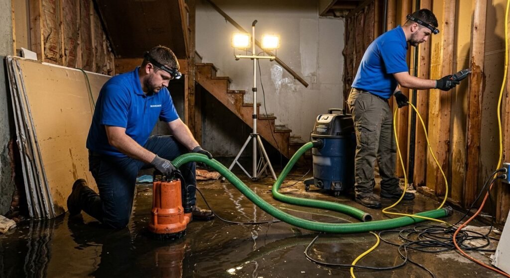 Water damage restoration team extracting water from basement with pump in Roanoke, Texas