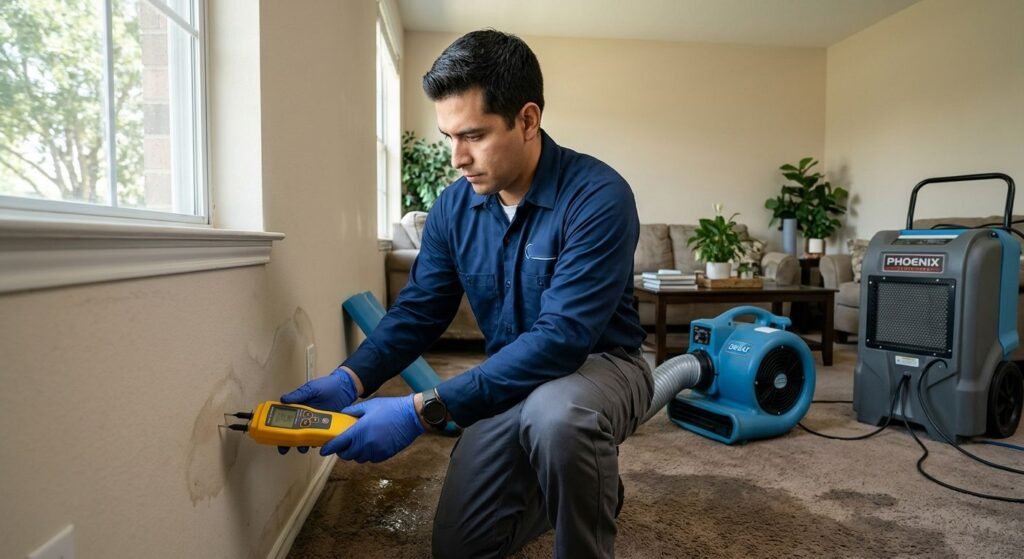 Water damage restoration technician using a moisture meter on a water-stained wall in a Roanoke living room, with a dehumidifier and air mover nearby.