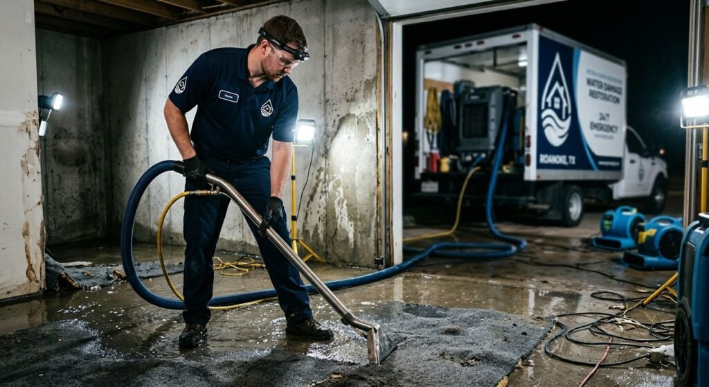 Water damage restoration technician using pump to extract water from flooded basement in Roanoke, Texas, with company van and drying equipment visible