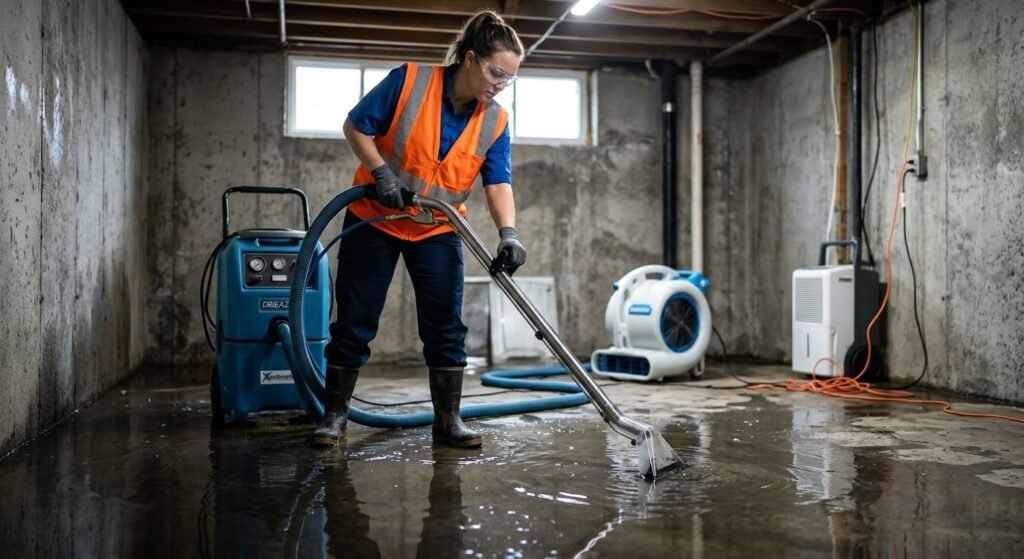 Water mitigation technician in blue uniform operating extraction equipment in a flooded basement in Roanoke, Texas, with drying equipment visible and bright lighting.