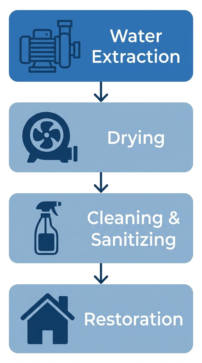 Water damage restoration process flow from extraction to restoration with four stages