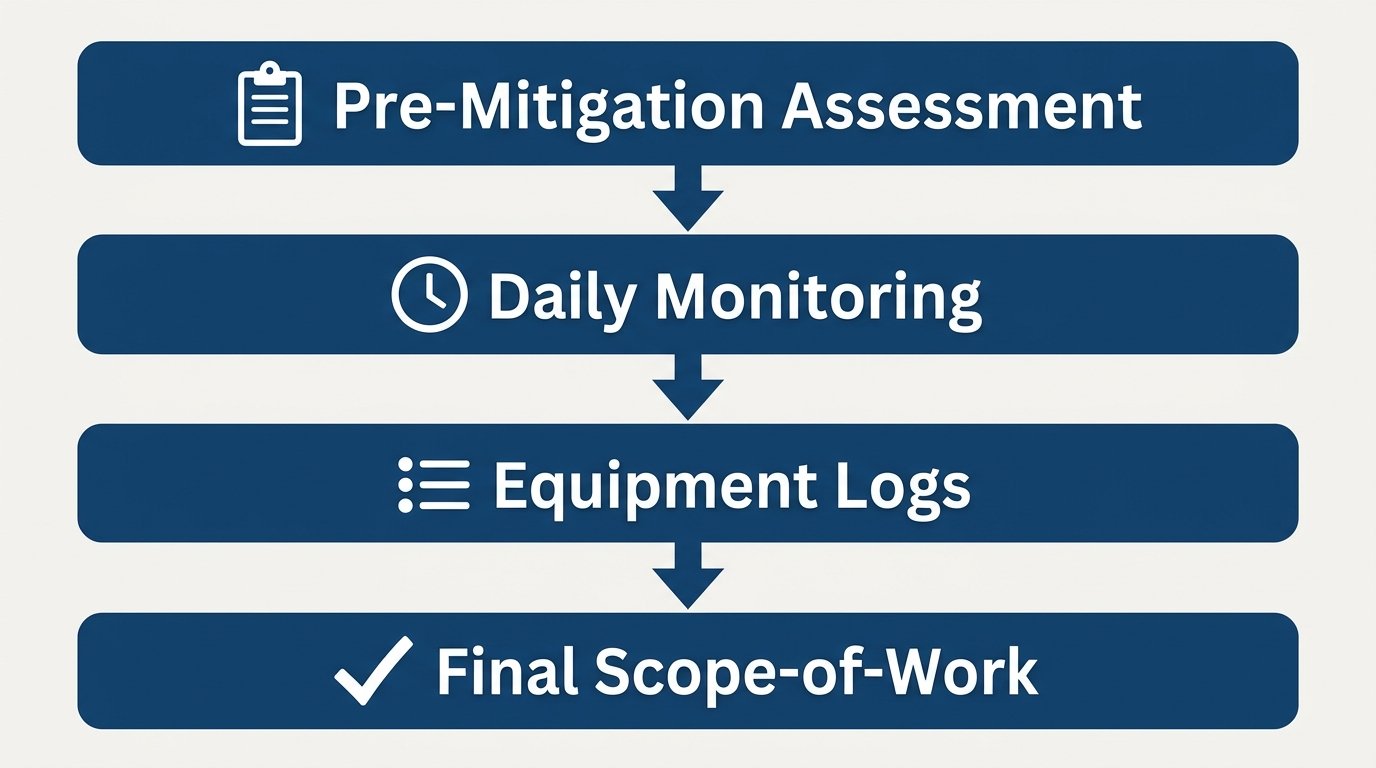 Vertical process flow diagram of water damage restoration documentation with four stages: pre-mitigation assessment, daily monitoring, equipment logs, and final scope-of-work