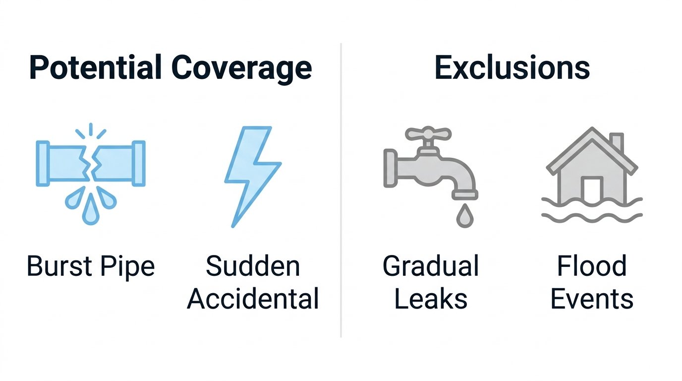 Two-column infographic comparing Potential Coverage (Burst Pipe, Sudden Accidental) with Exclusions (Gradual Leaks, Flood Events) for water damage insurance claims in Texas.