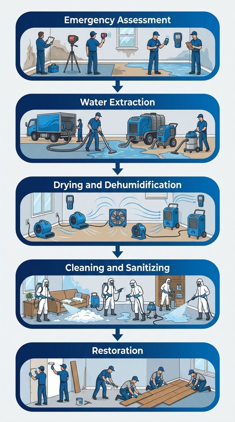 Vertical process flow diagram of flood cleanup with five stages: Emergency Assessment, Water Extraction, Drying and Dehumidification, Cleaning and Sanitizing, and Restoration.