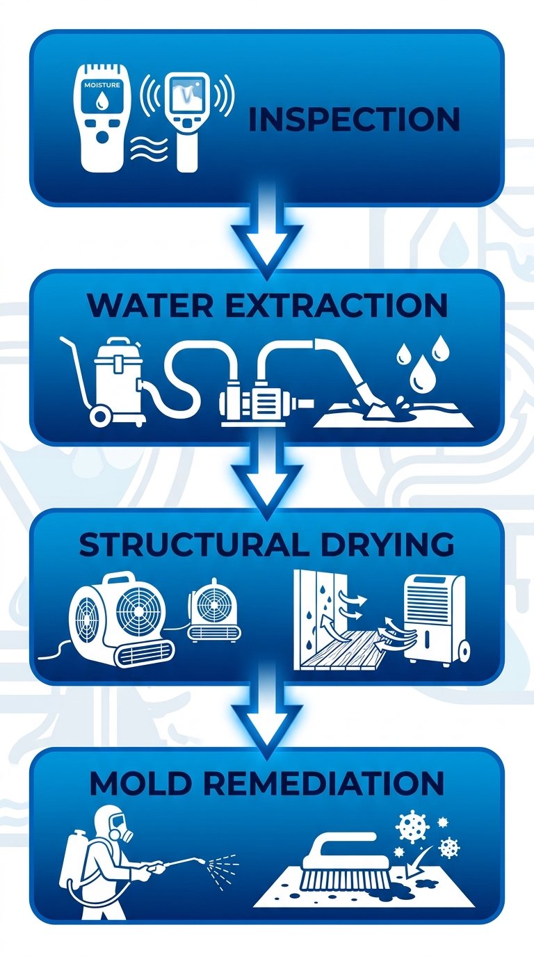 Vertical process flow diagram of water mitigation with four connected stages: Inspection, Water Extraction, Structural Drying, and Mold Remediation.